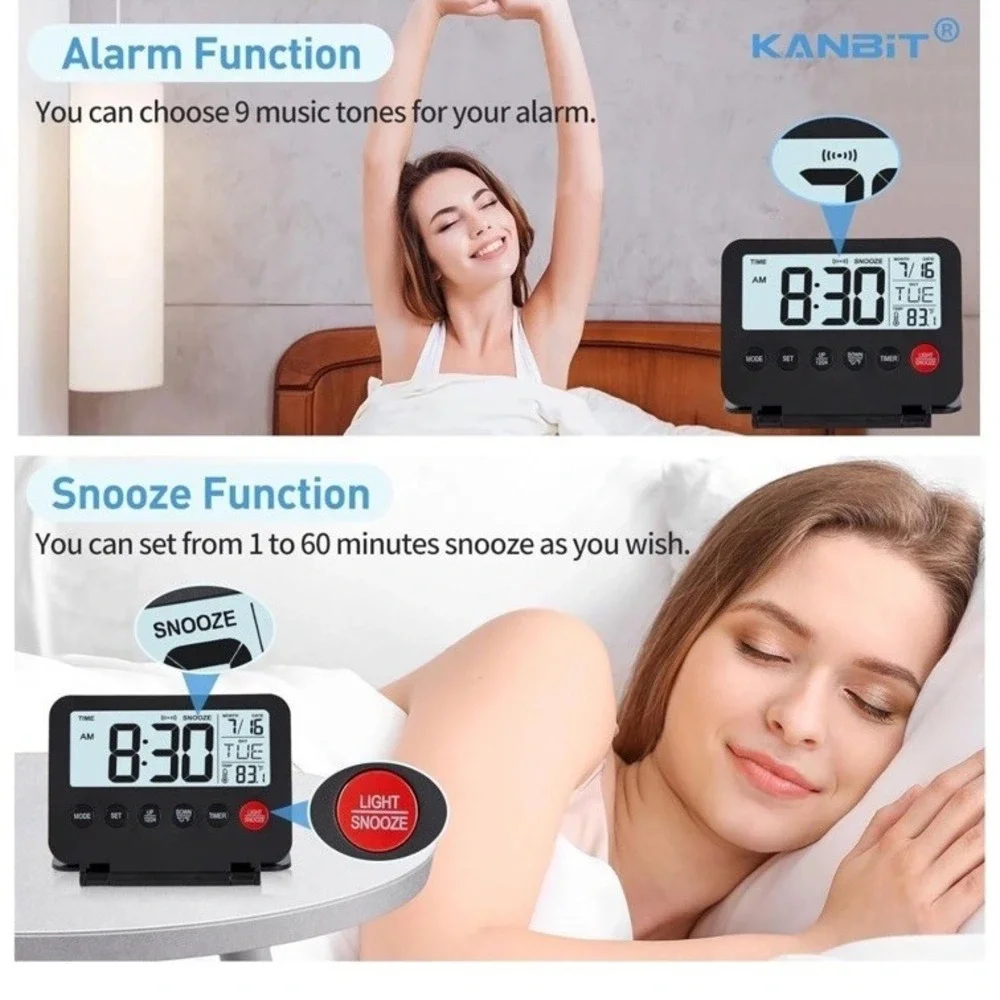 Small Digital Travel Alarm Clock, Large LCD Display Front Button with Black
